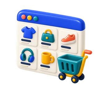 Online store window with products and a cart